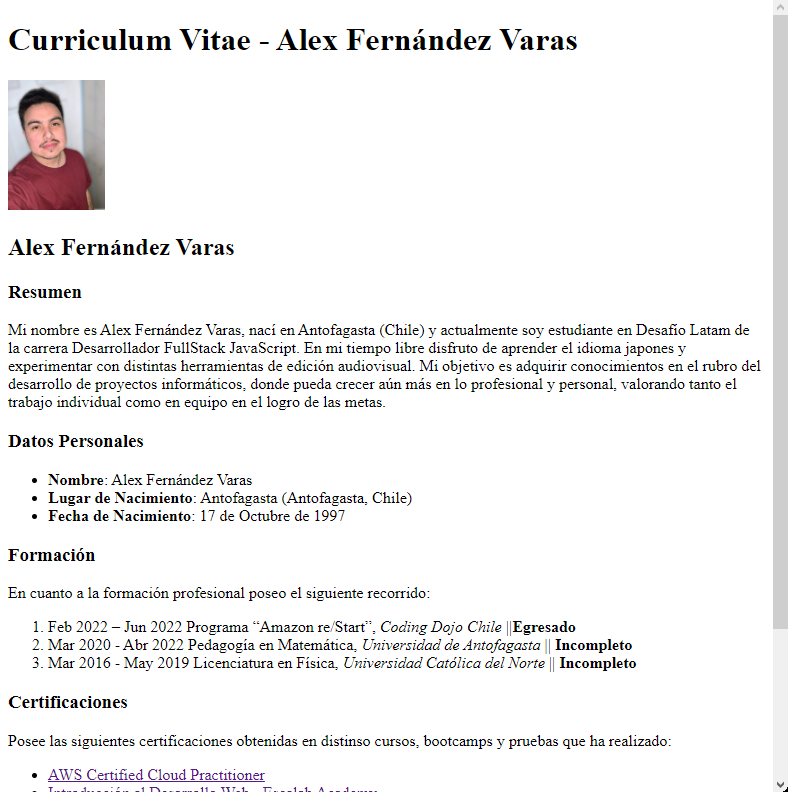 imagen del desafio cv en html vista tablet